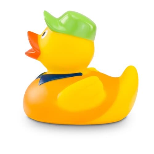 Werbeente Hugo Handwerker mit orangenem Shirt