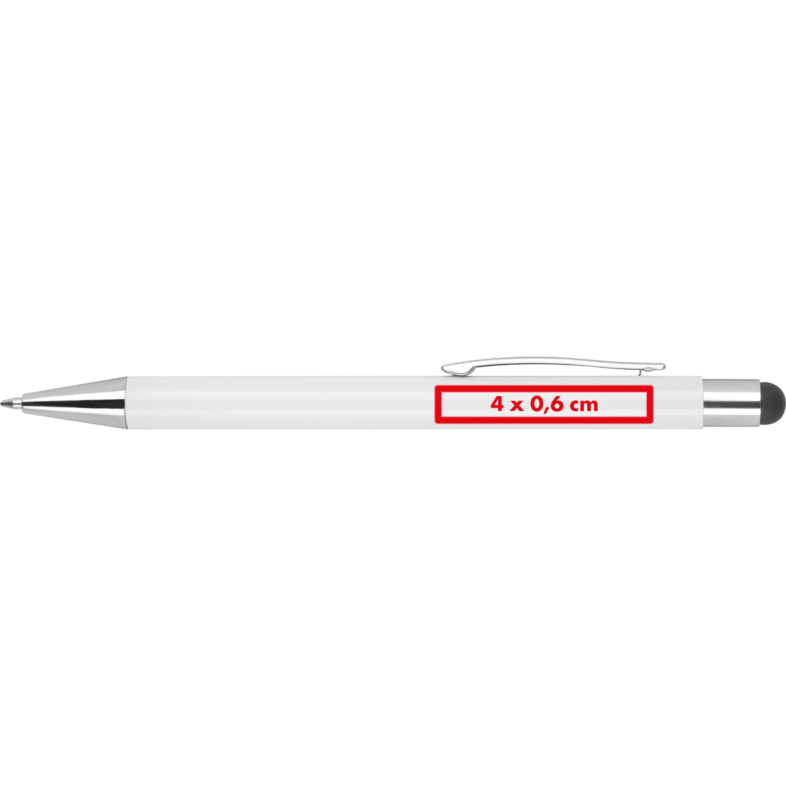Kugelschreiber aus Aluminium mit gummierter Oberfläche JEAN – Druckbeispiel Tampondruck, 1-farbig, 4 x 0,6 cm - Auf dem Schaft