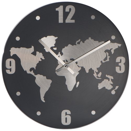 Wanduhr aus Aluminium mit Weltkarte
