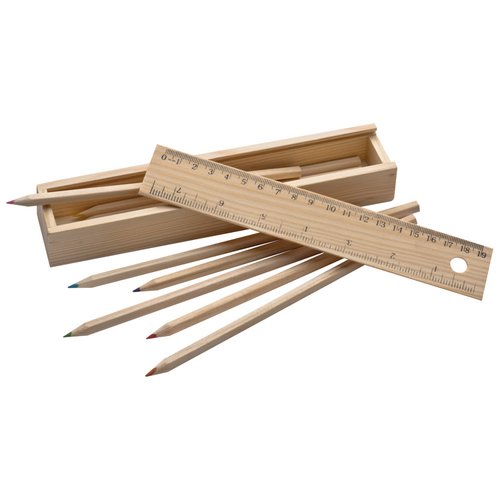 Holzbox mit 8 Buntstiften und Lineal