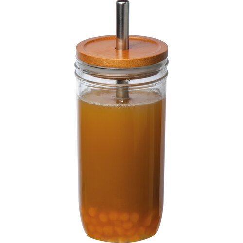 Glasbecher mit Bambusdeckel und Trinkhalm