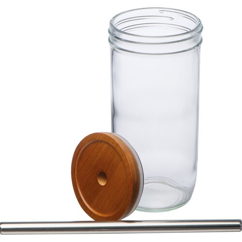 Glasbecher mit Bambusdeckel und Trinkhalm