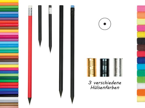 Bleistift schwarz durchgefärbt, farbig matt oder glänzend lackiert, lang mit Radierer 18,5cm