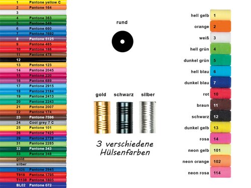 Bleistift schwarz durchgefärbt, farbig matt oder glänzend lackiert, lang mit Radierer 18,5cm