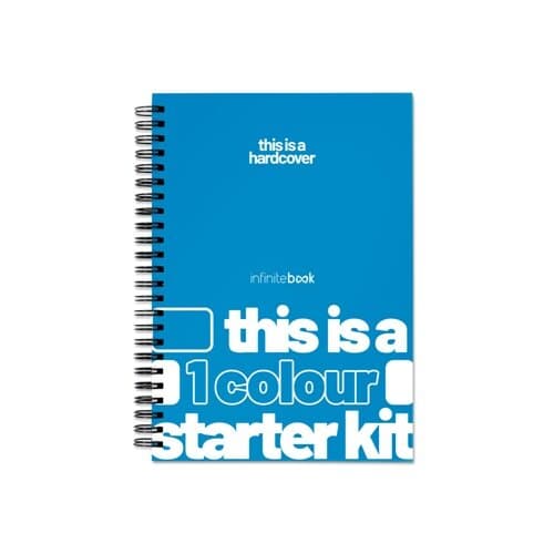 HARDCOVER A5 STARTER KIT - 1 COLOUR. Starterset A5 „Infinitebook“ mit flexiblem Einband und Ringbindung, vollfarbige Personalisierung auf Vorder- und Rückseite möglich