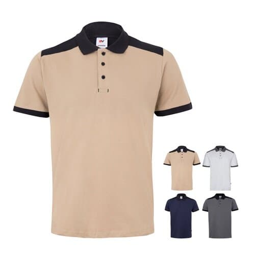 VL VELES. Zweifarbiges Stretch-Piqué-Poloshirt (200 g/m²) mit kurzen Ärmeln, aus Polyester (96 %) und Elastan (4 %)