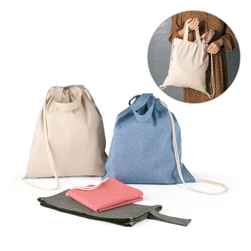 RISSANI. Tragetasche/Turnbeutel (2in1) aus recycelter Baumwolle (70%) und polyester (30% rPET) (140 g/m²)