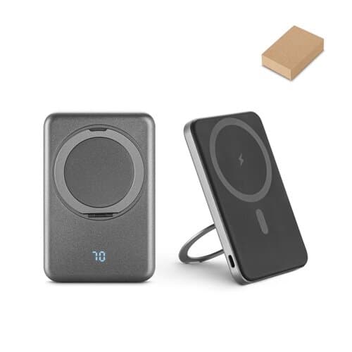 WARSHEL 5. Magnetische Powerbank mit 5'000 mAh und superschnellem kabellosem Ladegerät (15 W) aus recyceltem ABS (100% rABS) mit Ständer