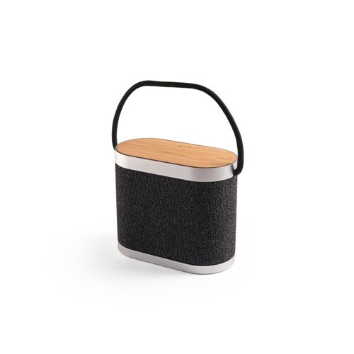 GUETTA. Tragbarer 5W-Lautsprecher mit superschnellem kabellosem 15W-Ladegerät und 2h Akkulaufzeit aus Bambus und Recyceltes PET (100% rPET)
