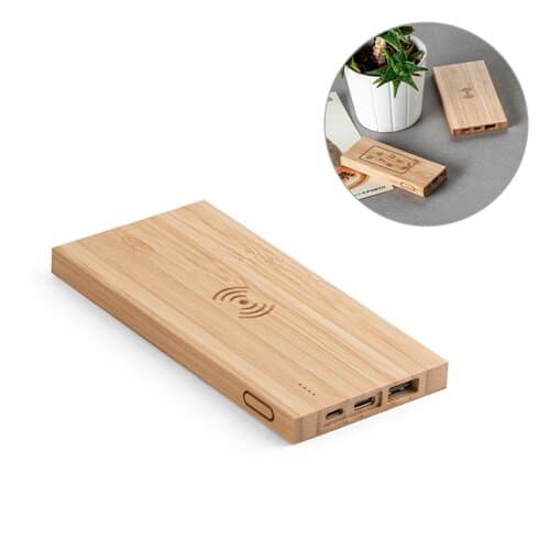 FITCH. Powerbank 5'000 mAh mit 5W wireless Ladegerät aus Bambus