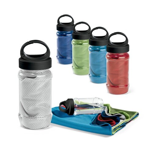 ARTX PLUS. Sporthandtuch aus Polyamid und Polyester mit Flasche (440 mL) aus PP und PET und einem integrierten Karabinerhaken am Deckel