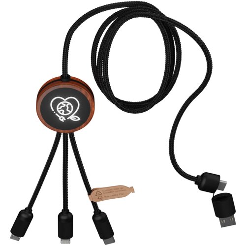SCX.design C37 40W 5-in-1 rPET Ladekabel in rundem Bambusgehäuse mit Leuchtlogo