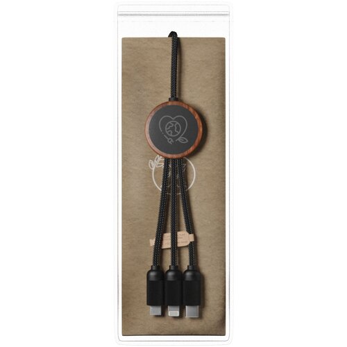 SCX.design C36 3-in-1 rPET erweitertes Ladekabel mit Leuchtlogo in rundem Bambusgehäuse