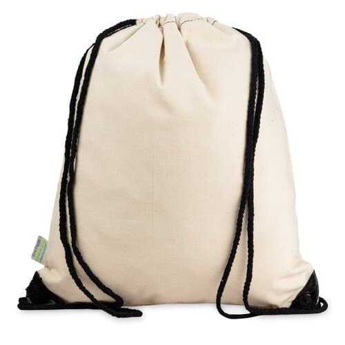 schwerer Baumwoll-Turnbeutel mit Tragekordeln in schwarz und schwarzen Ecken - 250 g/m² - 38 x 42 cm