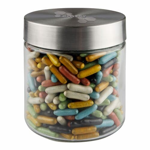 Glas 0,9 L mit Süßigkeiten, mit Prägung