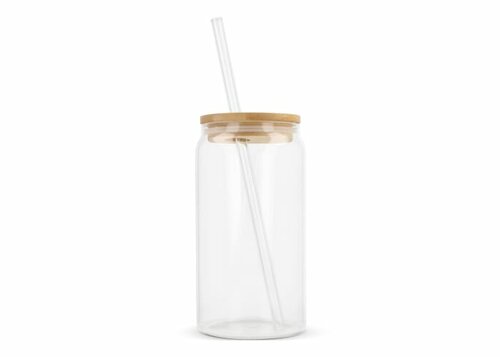Glas mit Bambusdeckel &amp; Strohhalm 450ml