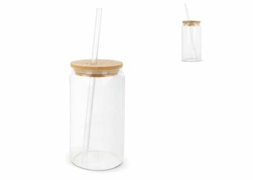 Glas mit Bambusdeckel &amp; Strohhalm 450ml