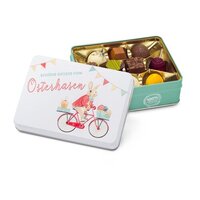 Geschenkartikel  Präsentartikel Hasenvater auf dem Fahrrad  Pralinendose mit 125 g