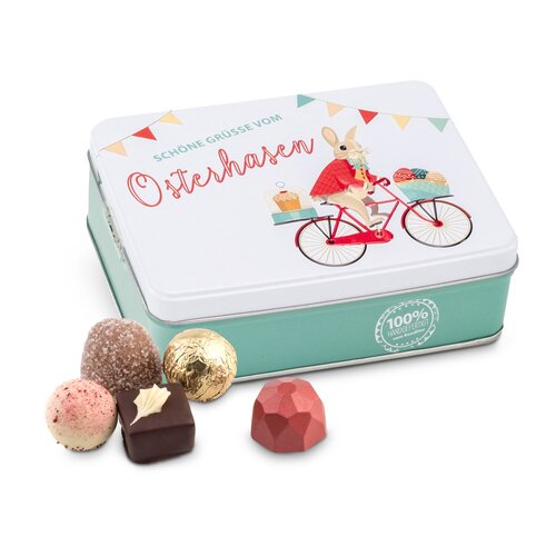 Geschenkartikel / Präsentartikel: Hasenvater auf dem Fahrrad - Pralinendose mit 125 g