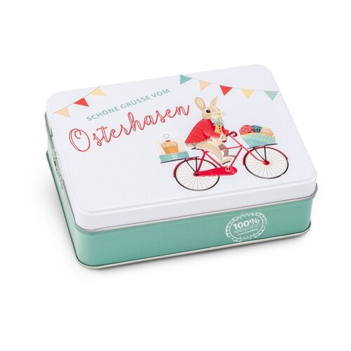 Geschenkartikel / Präsentartikel: Hasenvater auf dem Fahrrad - Pralinendose mit 125 g