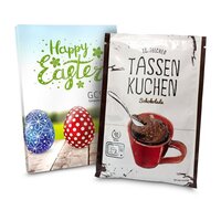 Geschenkartikel  Präsentartikel Oster Tassenkuchen Schokolade Backmischung 70 g auch in individueller Stecktasche