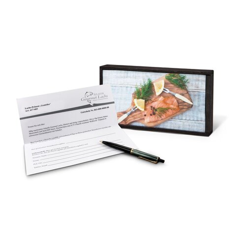 Geschenkartikel / Präsentartikel: Lachs-Gutschein in Holzbox: Genießer