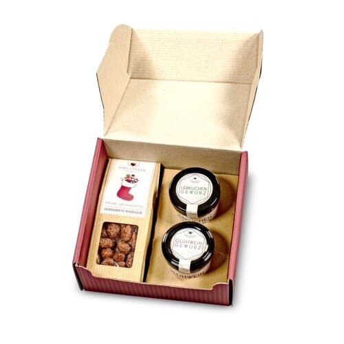 Geschenkkarton mit Glühwein- & Lebkuchengewürz und gebrannten Mandeln