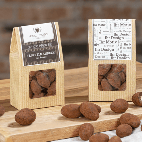Trüffelmandeln mit Kakao in der Mini-Faltschachtel