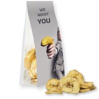 Bio Bananenchips ca 25g Express Blockbodenbeutel mit Werbereiter