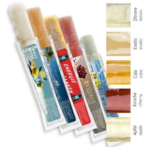 Bio Wassereis im 5er Sortenmix (Apfel, Kirsche, Cola, Exotic, Zitrone), 30 ml, Express Schlauchtüte mit Etikett