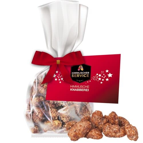 Bio Feuergebrannte Mandeln, ca. 30g, Express Flachbeutel mit Schleife mit Werbekarte