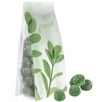 Eukalyptus Menthol Fruchtgummi mit Gelatine ca 40g Express Blockbodenbeutel mit Werbereiter