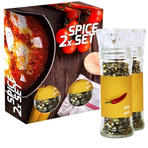 verschiedene Gewürzmischungen Bio und nicht Bio (Kategorie 1), 70-160g, 2er Set Glas mit Kunststoffmahlwerk in Faltschachtel
