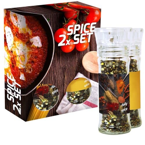 verschiedene Gewürzmischungen Bio und nicht Bio (Kategorie 2), 70-160g, 2er Set Glas mit Kunststoffmahlwerk in Faltschachtel