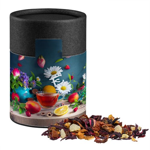 Bio Früchtetee gute Laune, ca. 50g, Kraftpapierdose Midi schwarz