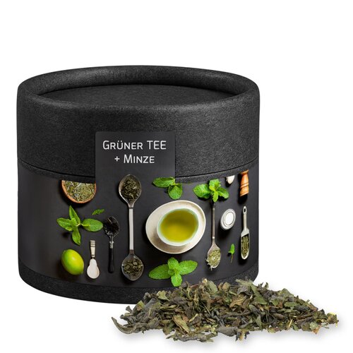 Bio Grüner Tee mit Minze, ca. 10g, Kraftpapierdose Mini schwarz