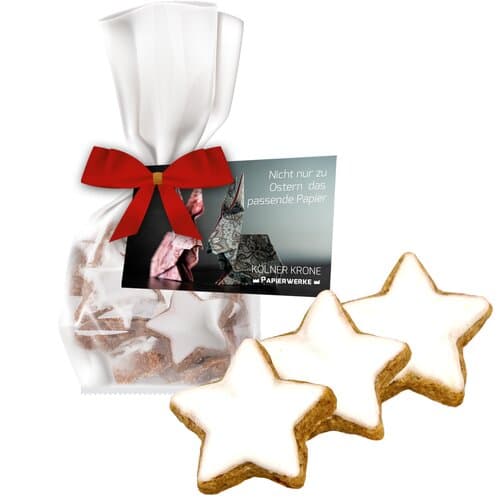 Bio Zimtsterne, ca. 50g, Express Standbeutel Mini mit Schleife mit Werbekarte