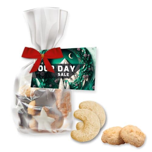 Bio Weihnachtsgebäck Mischung, ca. 115g, Express Standbeutel Midi mit Schleife mit Werbekarte