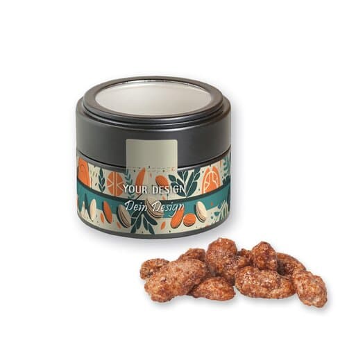 Bio Feuergebrannte Mandeln, ca. 60g, Metalldose Mini mit Sichtfenster schwarz