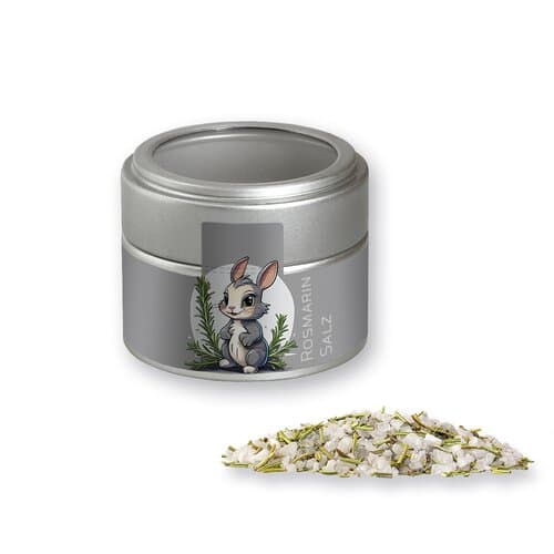 Gewürzmischung Rosmarin-Salz, ca. 75g, Metalldose Mini mit Sichtfenster silber