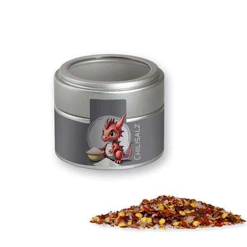 Gewürzmischung Chili-Salz, ca. 45g, Metalldose Mini mit Sichtfenster silber
