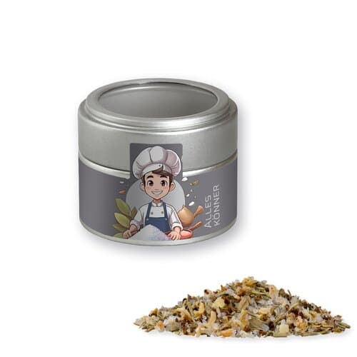 Bio Gewürzmischung Alleskönner, ca. 60g, Metalldose Mini mit Sichtfenster silber