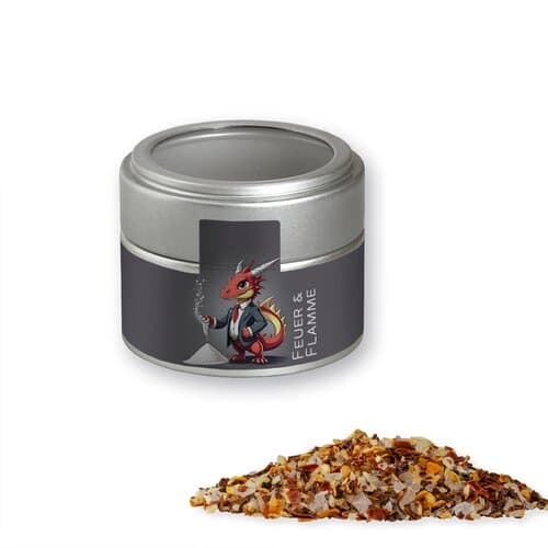 Bio Gewürzmischung Feuer und Flamme, ca. 60g, Metalldose Mini mit Sichtfenster silber