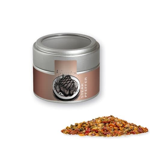 Gewürzmischung Steak Pfeffer, ca. 60g, Metalldose Mini mit Sichtfenster silber