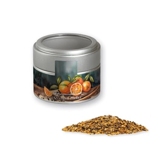 Gewürzmischung Orangen-Pfeffer, ca. 55g, Metalldose Mini mit Sichtfenster silber