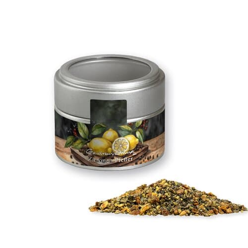 Gewürzmischung Zitronen-Pfeffer, ca. 60g, Metalldose Mini mit Sichtfenster silber