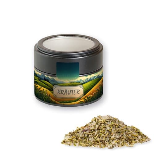 Bio Gewürzmischung Kräutersalz, ca. 75g, Metalldose Mini mit Sichtfenster schwarz