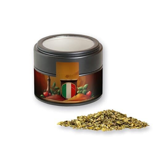 Gewürzmischung Pizza-Kräuter, ca. 16g, Metalldose Mini mit Sichtfenster schwarz