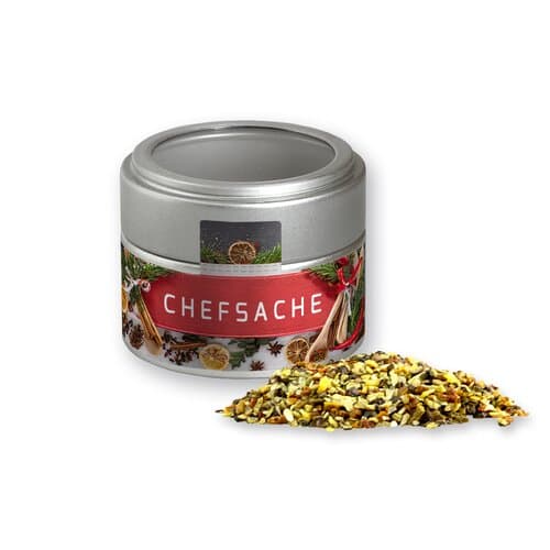 Bio Weihnachts Gewürzmischung Chefsache, ca. 50g, Metalldose Mini mit Sichtfenster silber