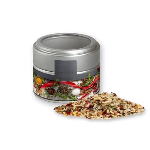 Bio Weihnachts Gewürzmischung Braten, ca. 50g, Metalldose Mini mit Sichtfenster silber